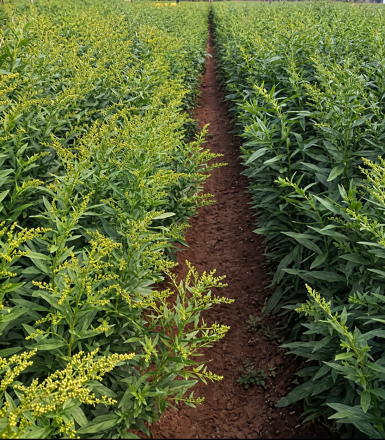 Open field rows of solidago on a partner farm in the Kenyan highlands