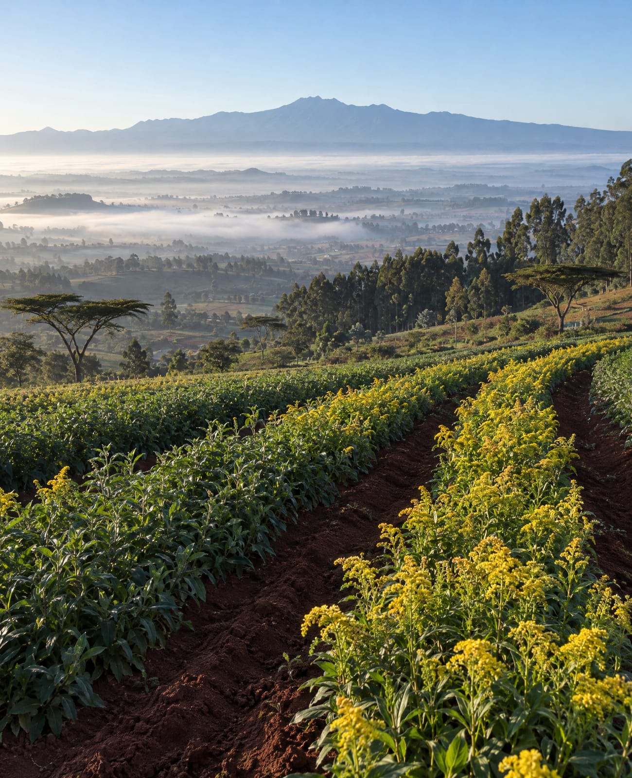 Cut-flower rows on a highland slope above a valley holding morning mist, with a mountain ridge behind